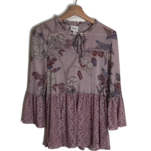 Knox Rose Floral Blouse Boho Peasant Top Ruffles Bell Sleeves Beige Pink Size S - Picture 4 of 12